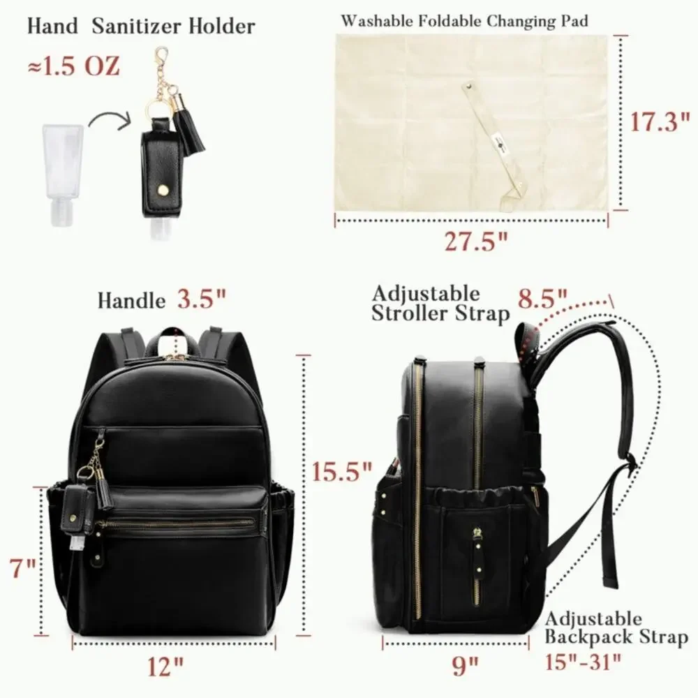 miss fong Diaper Bag Backpack Leather Diaper Bag, Baby Diaper Bag (Black)